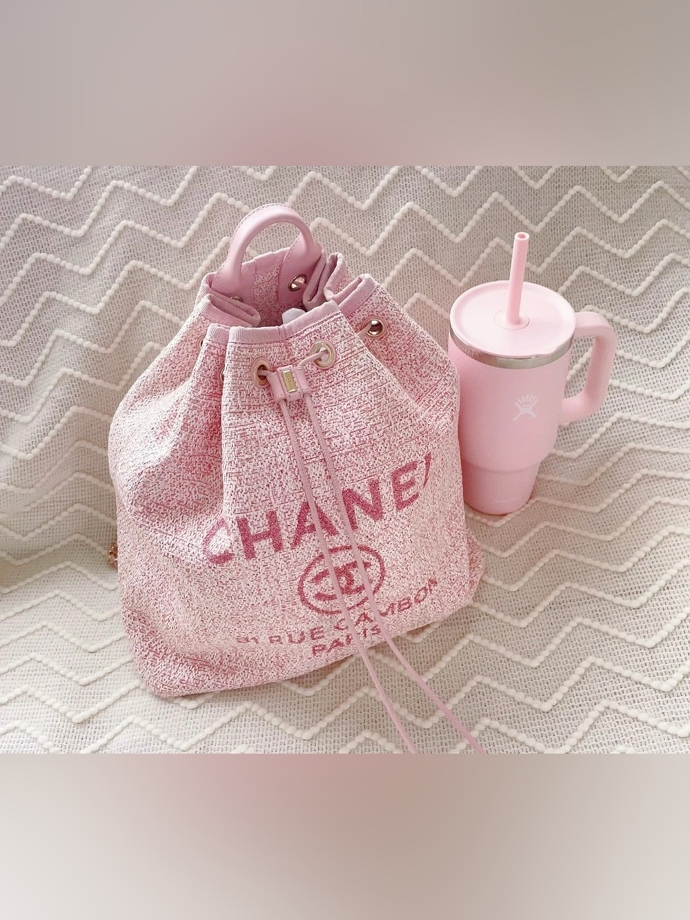 Chanel Large Deauville Pink Tweed Drawstring Backpack